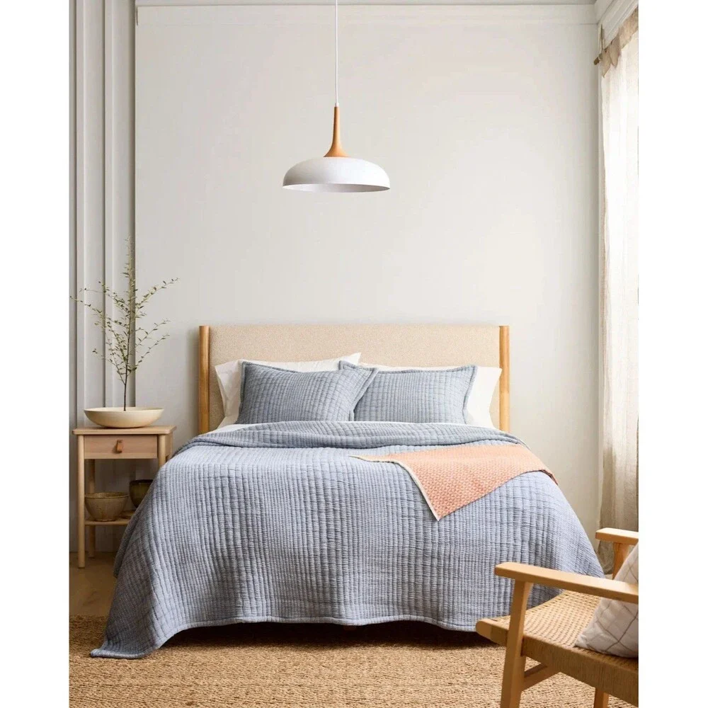 Quince Organic Cotton Channel Stitch Coverlet Set King Cal King Blue NEW